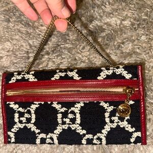 Gucci Black & White GG Monogram Wristlet with Red Trim and Gold Chain